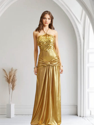 Radiant Crystal Metallic Gown - Gold - Palazzo Couture Online