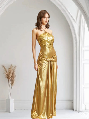 Women's Gold maxi dress metallic style back view