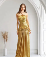 Radiant Crystal Metallic Gown - Gold close up detail of metallic design and fabric