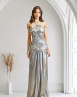 Radiant Crystal Metallic Gown - Silver - Palazzo Couture Online