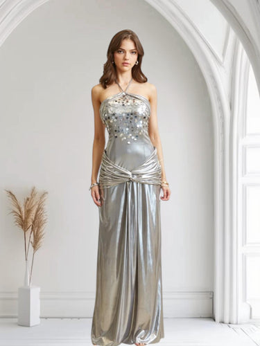 Radiant Crystal Metallic Gown - Silver - Palazzo Couture Online