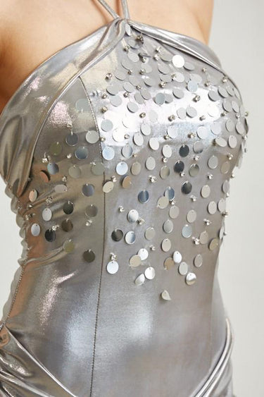 Radiant Crystal Metallic Gown - Silver - Palazzo Couture Online
