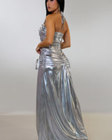 Radiant Crystal Metallic Gown - Silver - Palazzo Couture Online