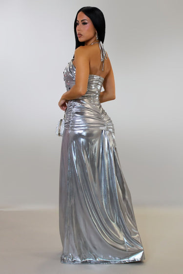 Radiant Crystal Metallic Gown - Silver - Palazzo Couture Online