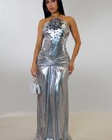 Radiant Crystal Metallic Gown - Silver - Palazzo Couture Online