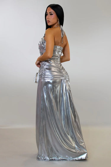 Radiant Crystal Metallic Gown - Silver showing sophisticated construction details