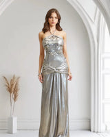 Radiant Crystal Metallic Gown - Silver close up detail of metallic design and fabric