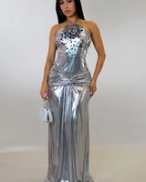 Radiant Crystal Metallic Gown - Silver front view showing full-length maxi silhouette