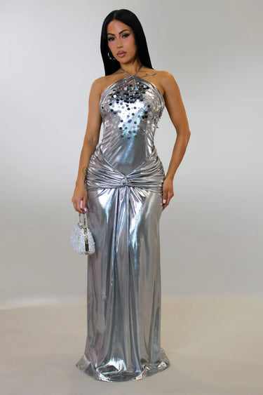 Radiant Crystal Metallic Gown - Silver front view showing full-length maxi silhouette
