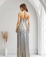 Radiant Crystal Metallic Gown - Silver side view highlighting floor-length hemline