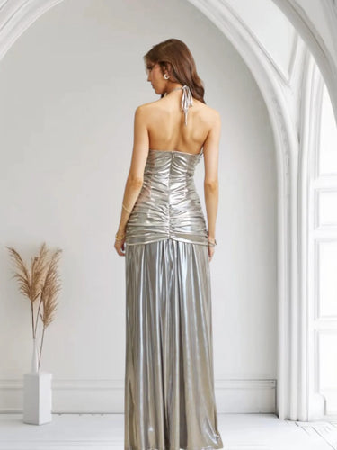 Radiant Crystal Metallic Gown - Silver side view highlighting floor-length hemline