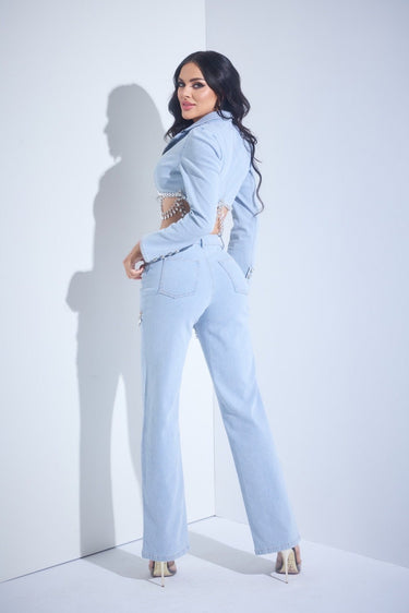 Radiant Crystal Pants and Jacket Set - Demin blue - Palazzo Couture Online