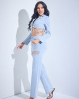 Radiant Crystal Pants and Jacket Set - Demin blue - Palazzo Couture Online