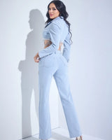 Radiant Crystal Pants and Jacket Set - Demin blue close up of matching top design and fabric detail