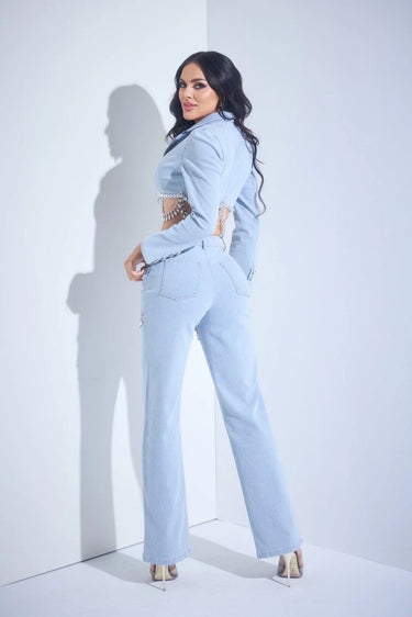 Radiant Crystal Pants and Jacket Set - Demin blue close up of matching top design and fabric detail