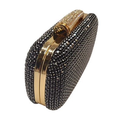 Black crystal clutch with gold metallic frame and clasp