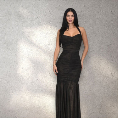 Radiant Nights Metallic Foil Ruched Maxi Dress - Black - Palazzo Couture Online