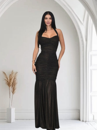 Radiant Nights Metallic Foil Ruched Maxi Dress - Black - Palazzo Couture Online