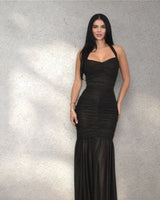Radiant Nights Metallic Foil Ruched Maxi Dress - Black close up detail of metallic design and fabric