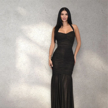 Radiant Nights Metallic Foil Ruched Maxi Dress - Black close up detail of metallic design and fabric