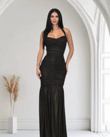 Radiant Nights Metallic Foil Ruched Maxi Dress - Black front view showing full-length maxi silhouette