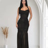 Radiant Nights Metallic Foil Ruched Maxi Dress - Black front view showing full-length maxi silhouette