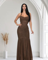 Radiant Nights Metallic Foil Ruched Maxi Dress - Chocolate - Palazzo Couture Online