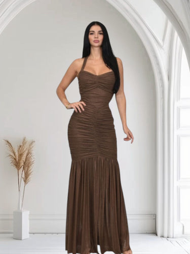 Radiant Nights Metallic Foil Ruched Maxi Dress - Chocolate - Palazzo Couture Online
