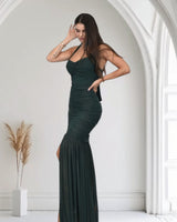Radiant Nights Metallic Foil Ruched Maxi Dress - Forest - Palazzo Couture Online
