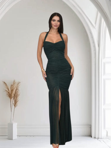 Radiant Nights Metallic Foil Ruched Maxi Dress - Forest - Palazzo Couture Online