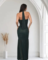 Radiant Nights Metallic Foil Ruched Maxi Dress - Forest close up detail of metallic design and fabric