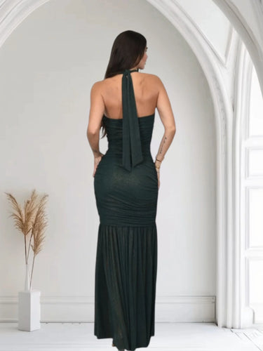 Radiant Nights Metallic Foil Ruched Maxi Dress - Forest close up detail of metallic design and fabric