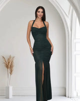 Radiant Nights Metallic Foil Ruched Maxi Dress - Forest front view showing full-length maxi silhouette