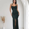 Radiant Nights Metallic Foil Ruched Maxi Dress - Forest front view showing full-length maxi silhouette
