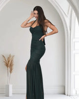 Radiant Nights Metallic Foil Ruched Maxi Dress - Forest side view highlighting floor-length hemline
