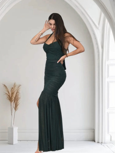 Radiant Nights Metallic Foil Ruched Maxi Dress - Forest side view highlighting floor-length hemline