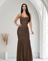 Radiant Nights Metallic Foil Ruched Maxi Dress - Chocolate front view showing full-length maxi silhouette