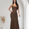 Radiant Nights Metallic Foil Ruched Maxi Dress - Chocolate front view showing full-length maxi silhouette