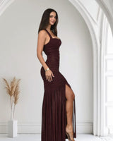 Radiant Nights Metallic Foil Ruched Maxi Dress - Merlot - Palazzo Couture Online
