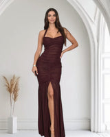 Radiant Nights Metallic Foil Ruched Maxi Dress - Merlot - Palazzo Couture Online