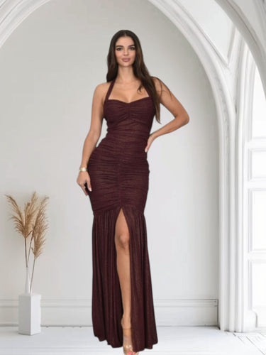 Radiant Nights Metallic Foil Ruched Maxi Dress - Merlot - Palazzo Couture Online