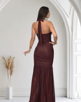Radiant Nights Metallic Foil Ruched Maxi Dress - Merlot - Palazzo Couture Online