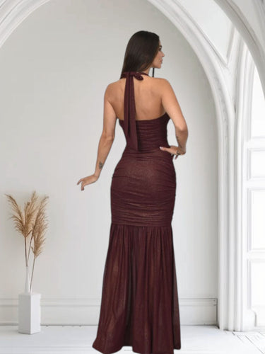 Radiant Nights Metallic Foil Ruched Maxi Dress - Merlot - Palazzo Couture Online