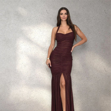 Radiant Nights Metallic Foil Ruched Maxi Dress -Merlot close up detail of metallic design and fabric