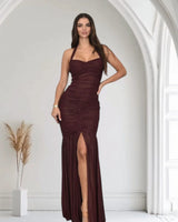 Radiant Nights Metallic Foil Ruched Maxi Dress -Merlot front view showing full-length maxi silhouette