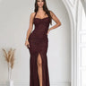 Radiant Nights Metallic Foil Ruched Maxi Dress -Merlot front view showing full-length maxi silhouette