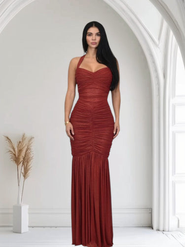 Radiant Nights Metallic Foil Ruched Maxi Dress - Red - Palazzo Couture Online
