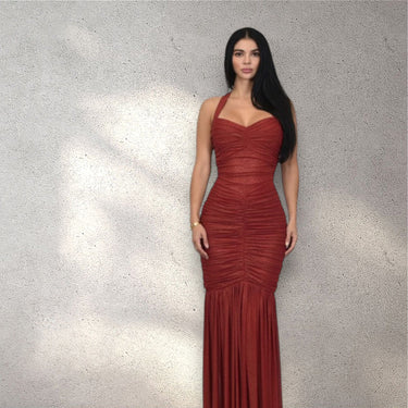 Radiant Nights Metallic Foil Ruched Maxi Dress - Red - Palazzo Couture Online