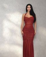 Radiant Nights Metallic Foil Ruched Maxi Dress - Red close up detail of metallic design and fabric