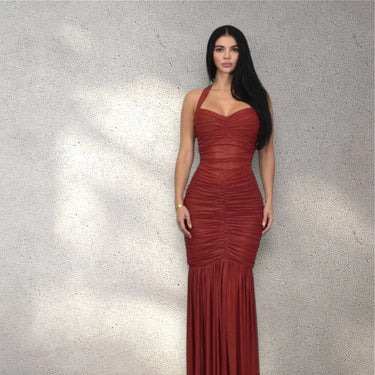 Radiant Nights Metallic Foil Ruched Maxi Dress - Red close up detail of metallic design and fabric